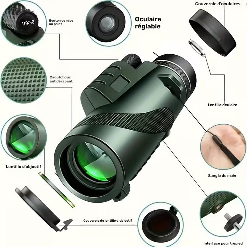 Monoculaire HD 10x50 – Objectif 50 mm pour randonnée, observation et concerts - Terra Aventure