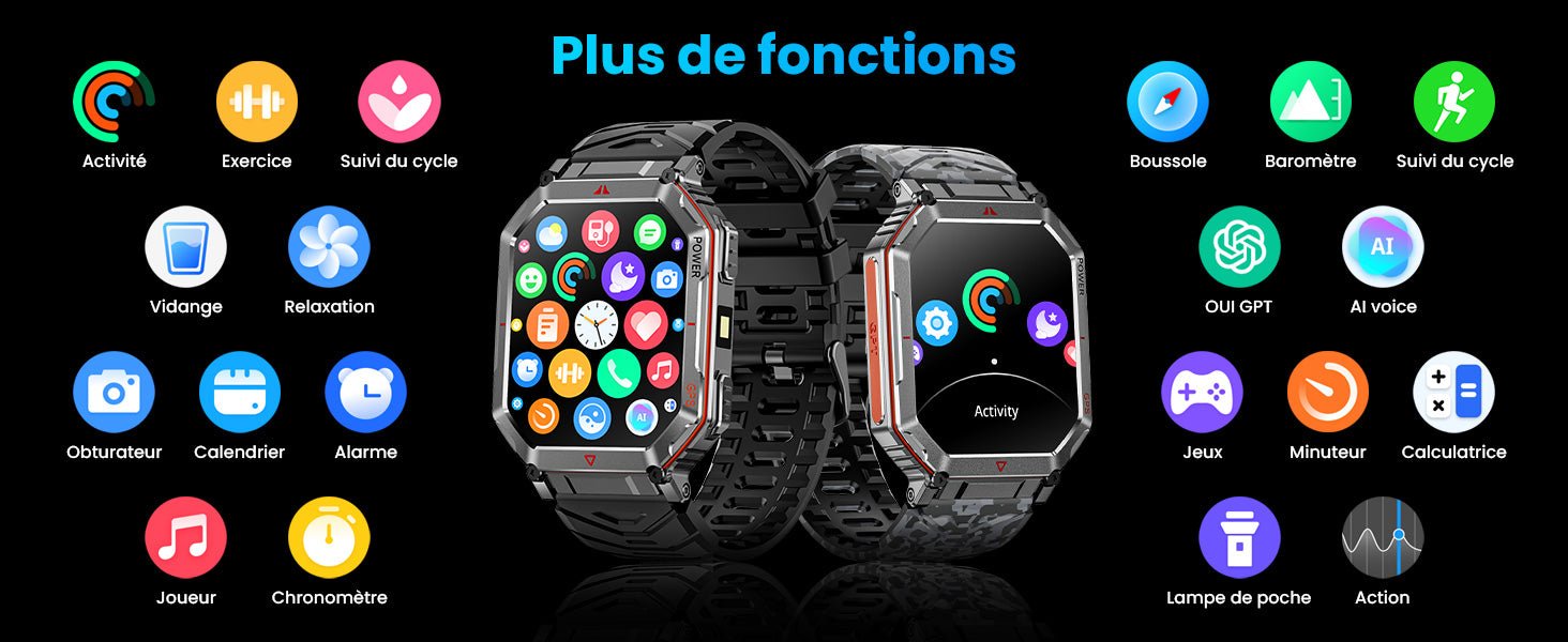 Montre connectée militaire GPS boussole – Appels Bluetooth, écran HD 2,01”, Android & iOS - Terra Aventure
