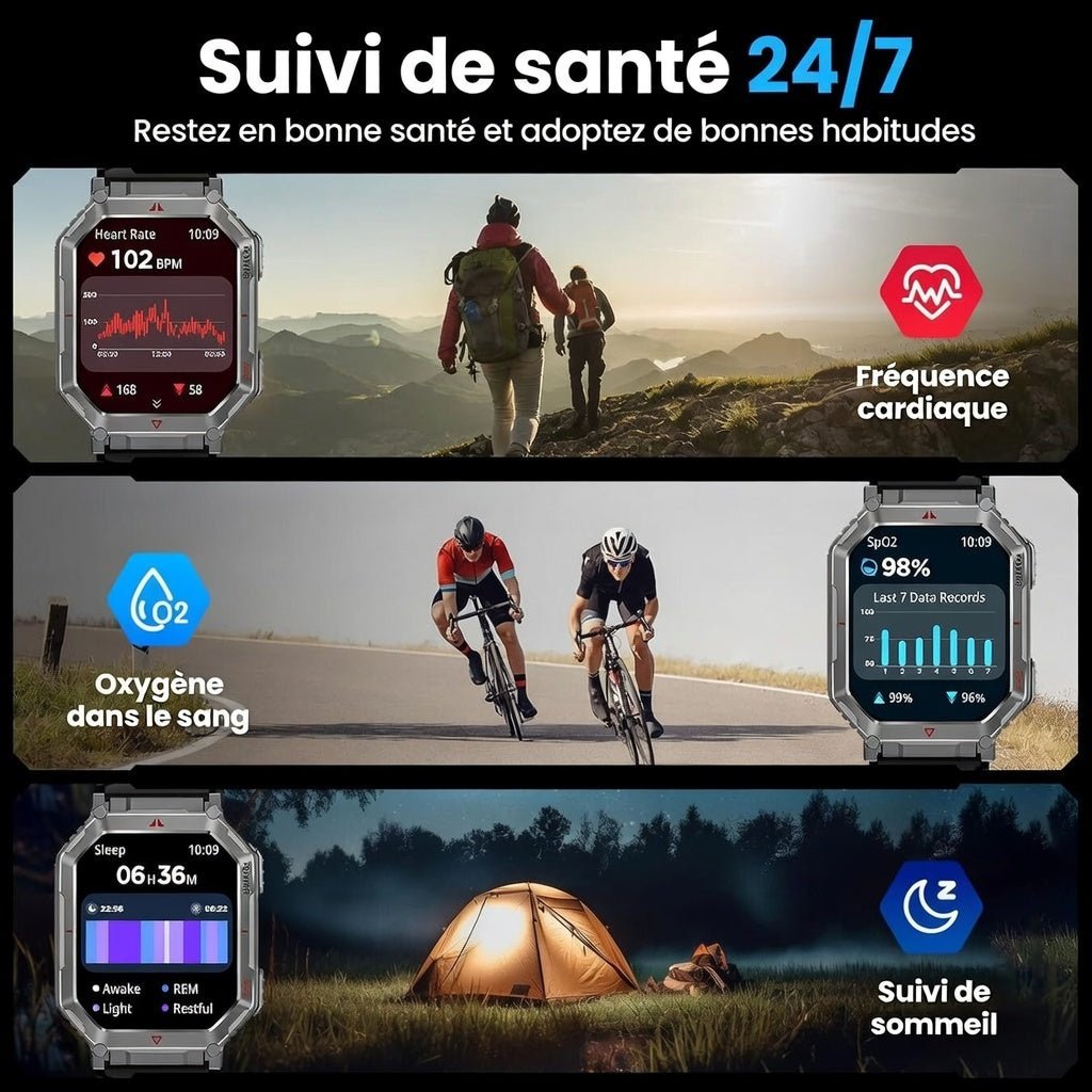 Montre connectée militaire GPS boussole – Appels Bluetooth, écran HD 2,01”, Android & iOS - Terra Aventure